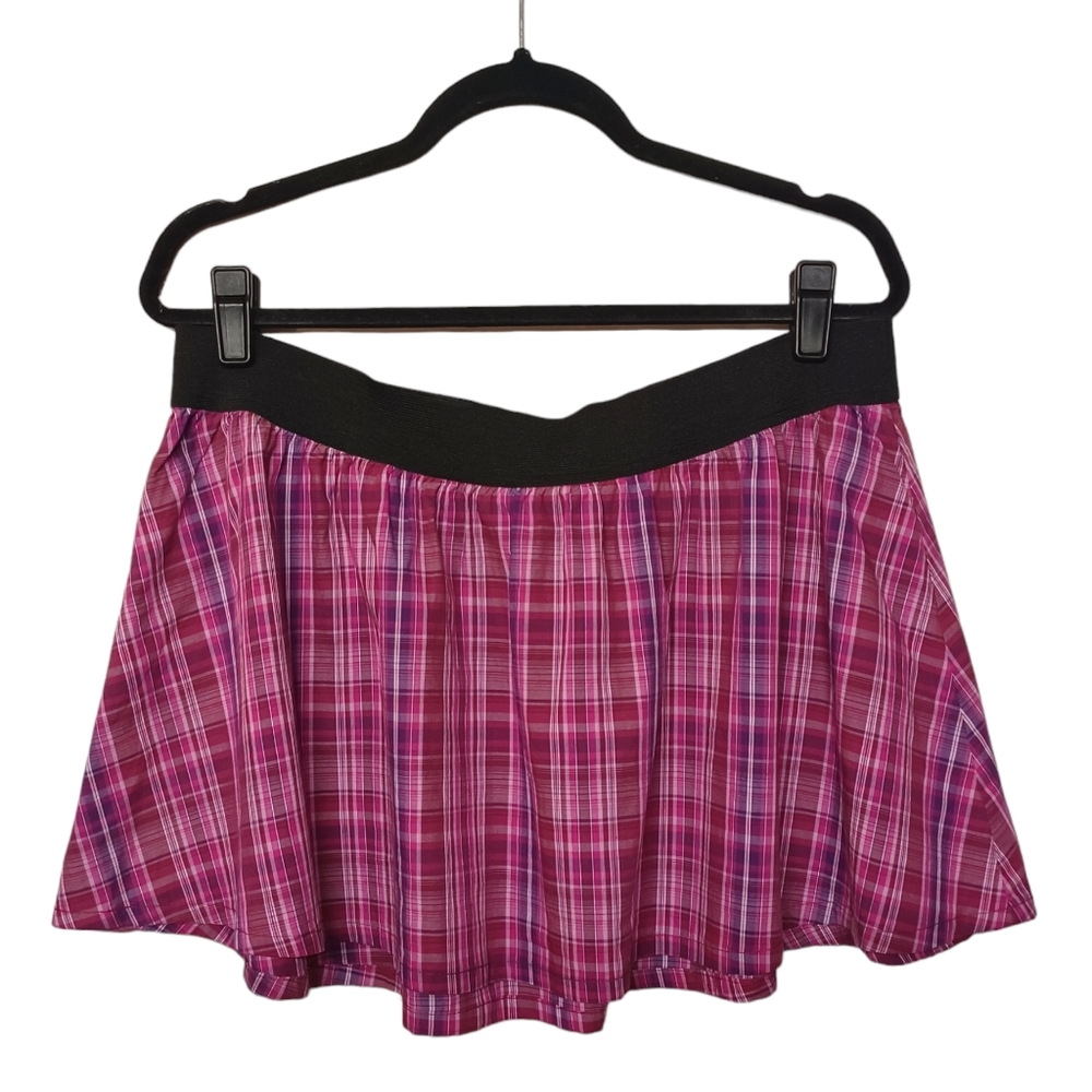 NEW ANCHOR BLUE Skirt Purple Plaid Print Black Elastic Waist Pull On Mini